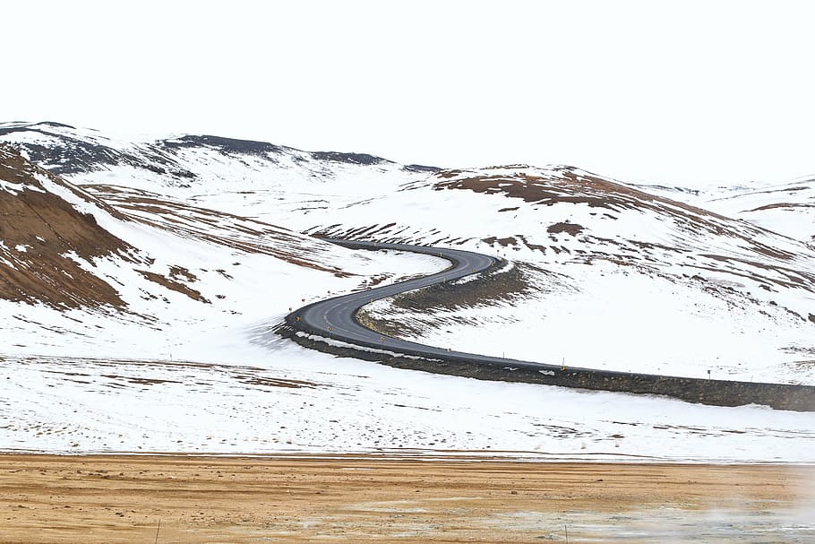 curved, road, snow-covered, hill, mountain, highland, cloud, sky, snow, winter