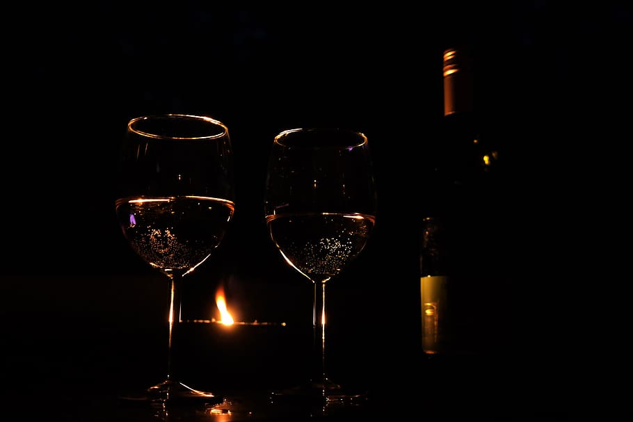 gelas anggur, lichtspiel, atmosfer, bersantai, malam, mirroring, minuman, alkohol, minum, kaca