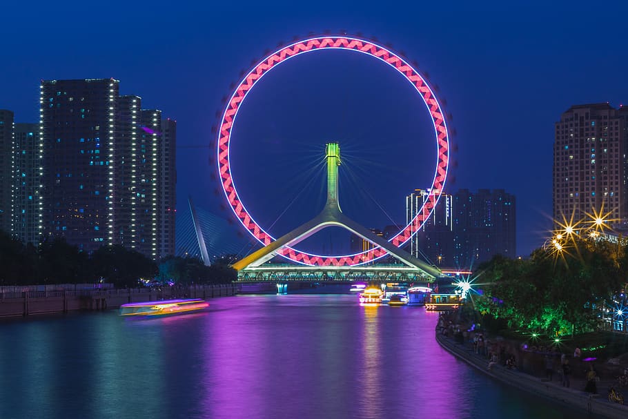 tianjin, the ferris wheel, china, asia, city, tourism, the night, night, architecture, built structure