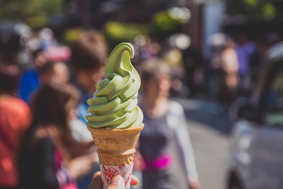 person, hand, holding, green, icecream, cone, asia, background, calorie, cold