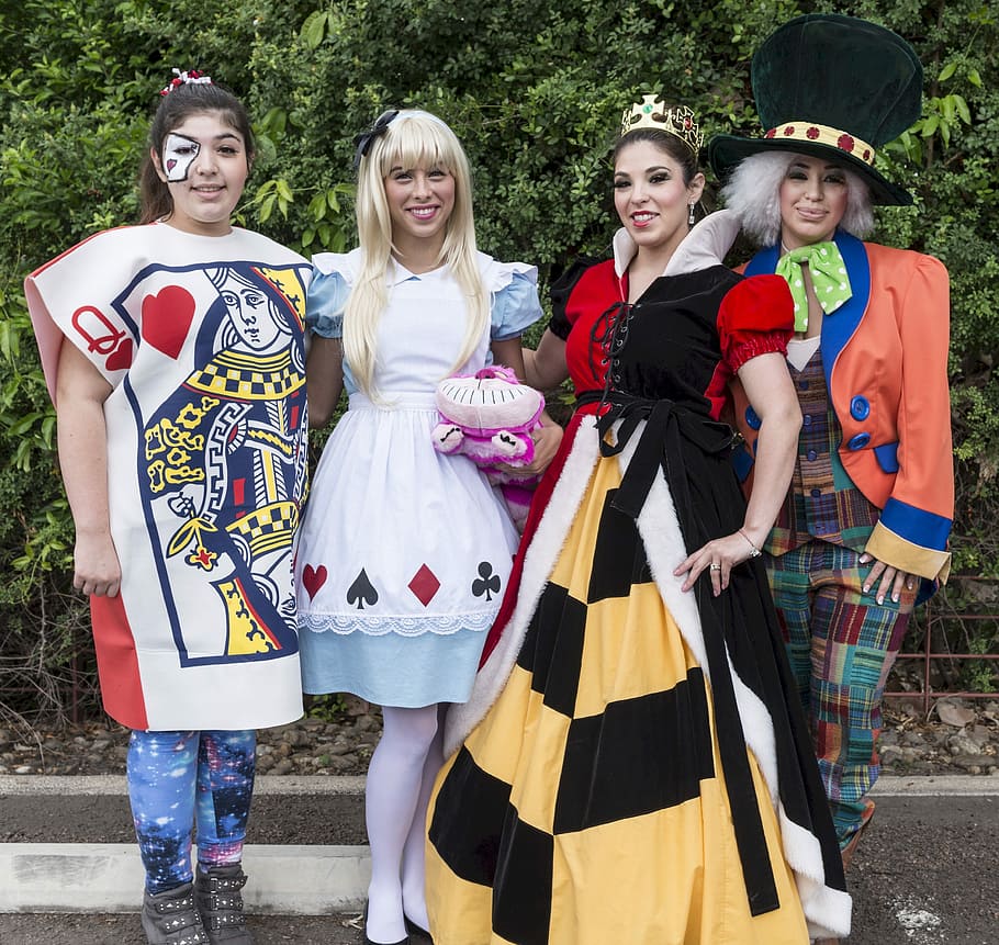 four, women, wearing, alice, wonderland cosplay, Costumes, Parade, Characters, alice in wonderland, queen