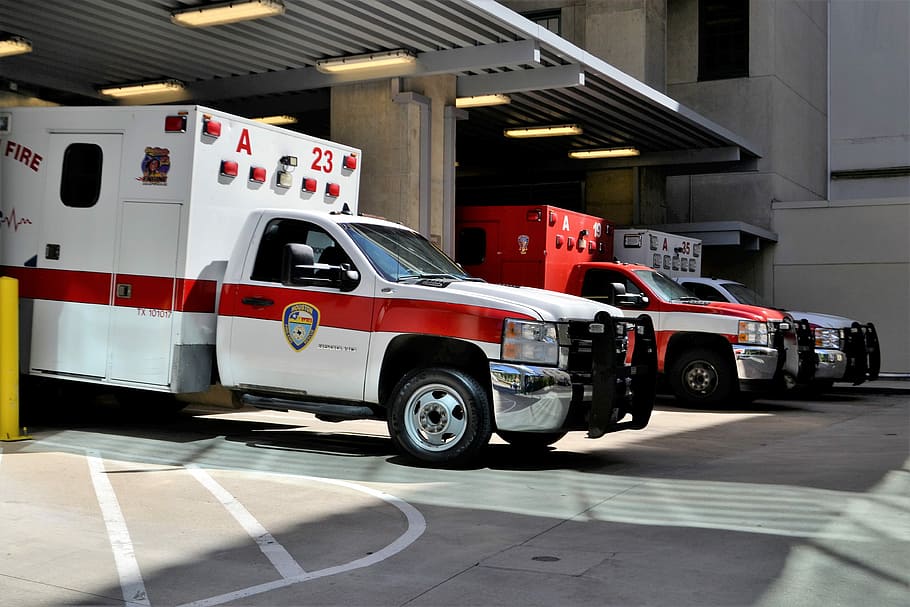 white, red, ambulance car, parking area, emergency room, hospital, ambulance, rescue, houston, texas