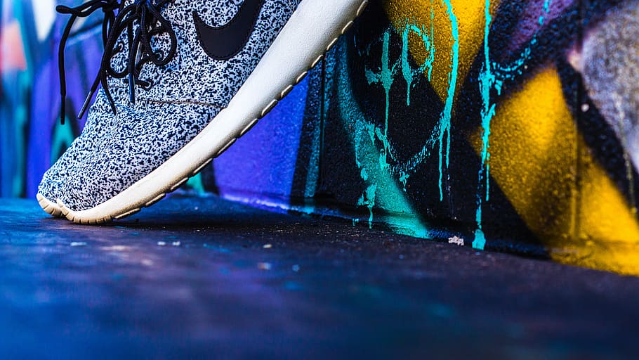 person, grey, nike, running, shoe, footwear, sneakers, wall, art, graffiti