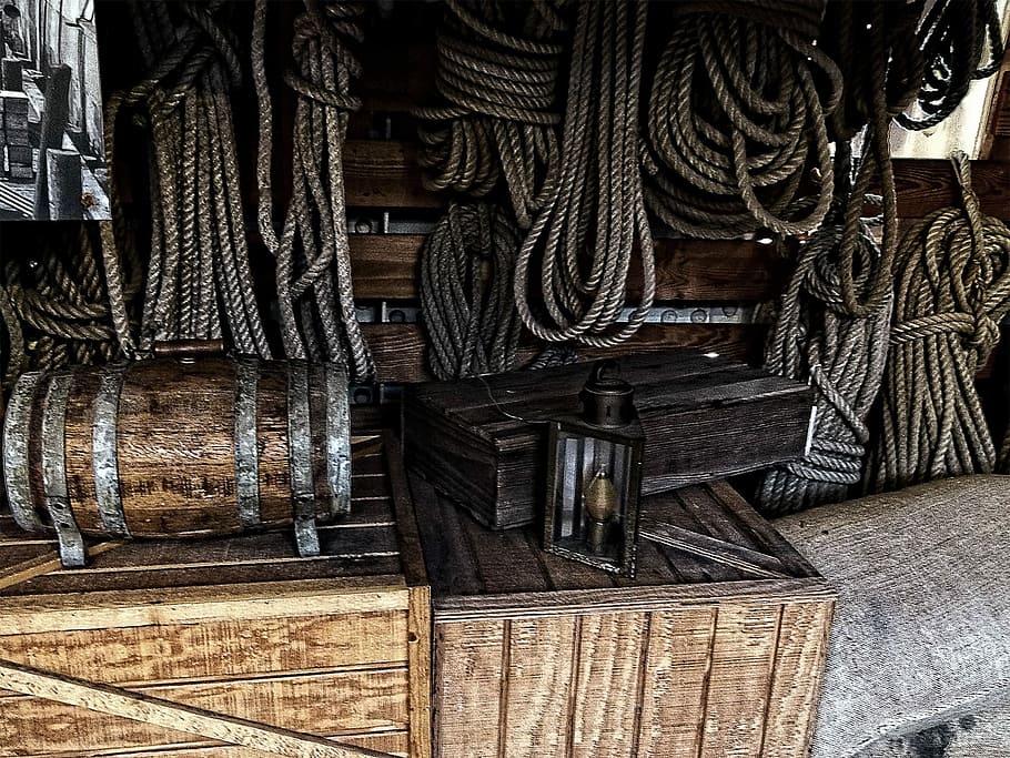 Wooden, Kegs, Boxes, Ropes, Sailing Ship, wooden kegs, nautical, maritime, wood - material, indoors