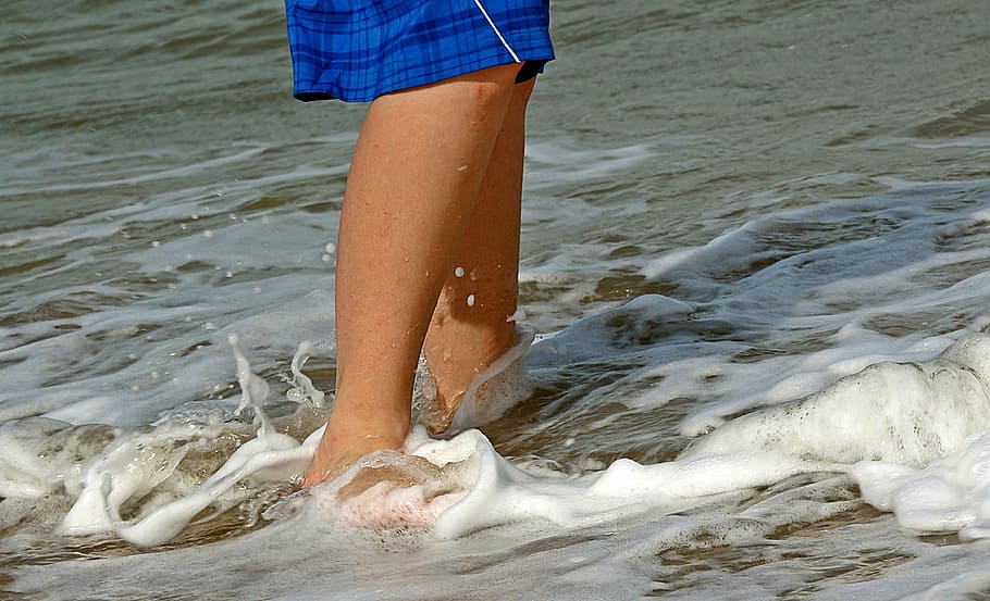pés, pernas, areia, agua, onda, ir, spray, com os pés descalços, andar, respingo