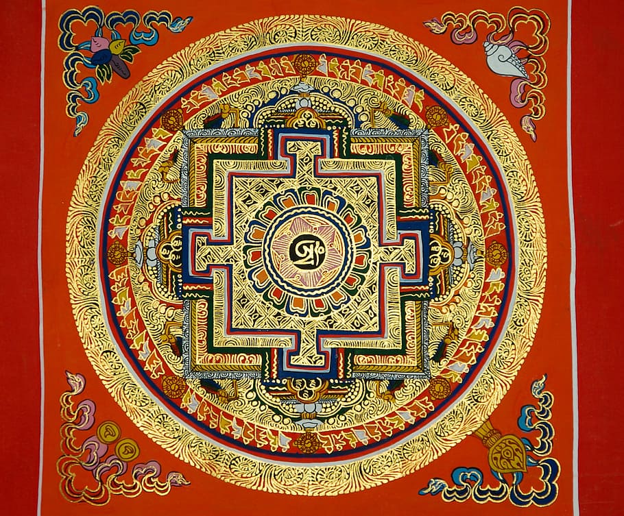 bulat, kuning, biru, bunga, latar belakang, tibet, mandala, nepal, biarawan, pola