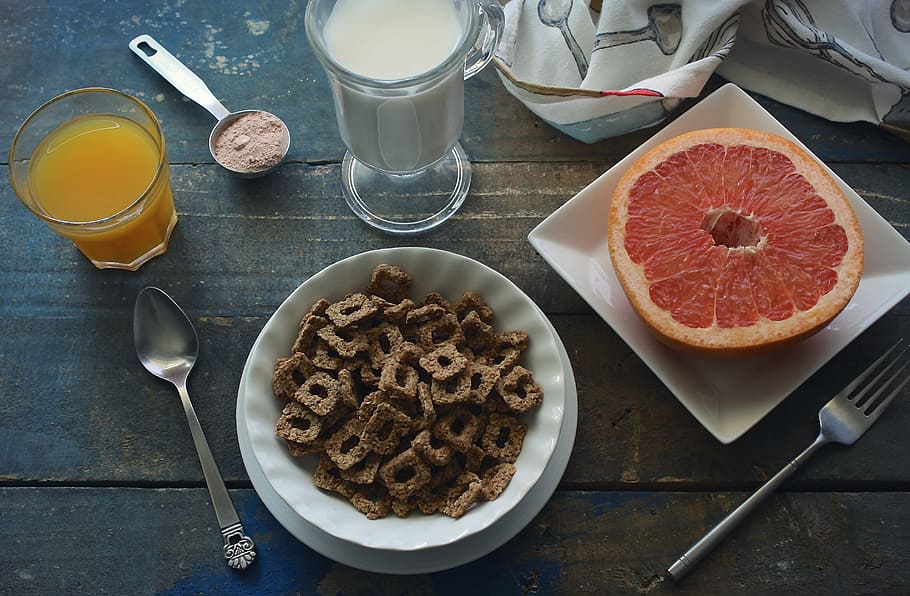 sliced, lemon, square, white, plate, cereals, cereal, fiber, breakfast, grapefruit