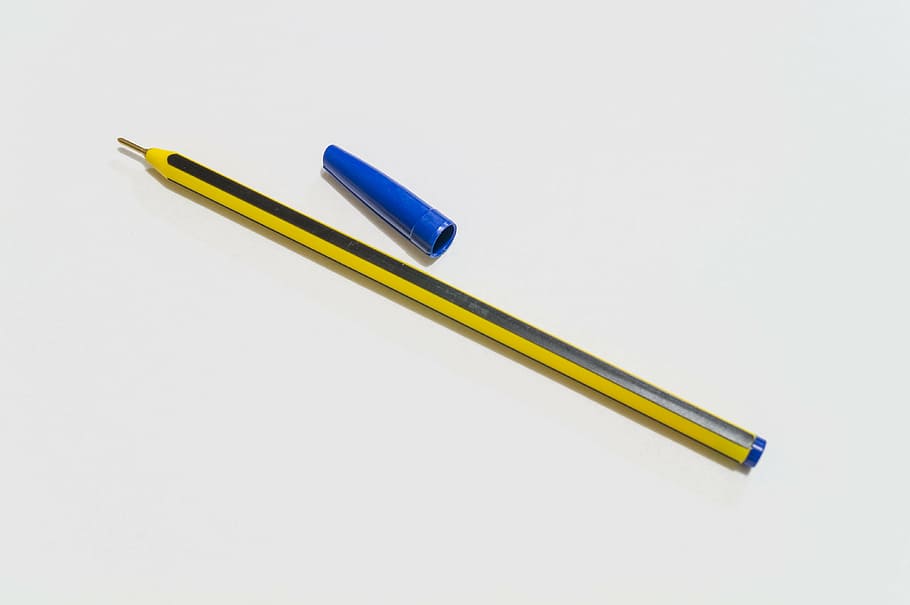 pen, sheet, stopper, biro, ball pen, office, white background, pencil, studio shot, yellow