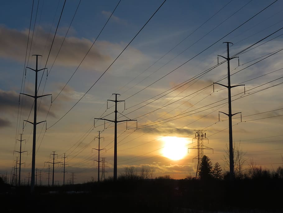 row, utility posts, golden, hour, Electric, Wires, Power Lines, electric, wires, power, hydro
