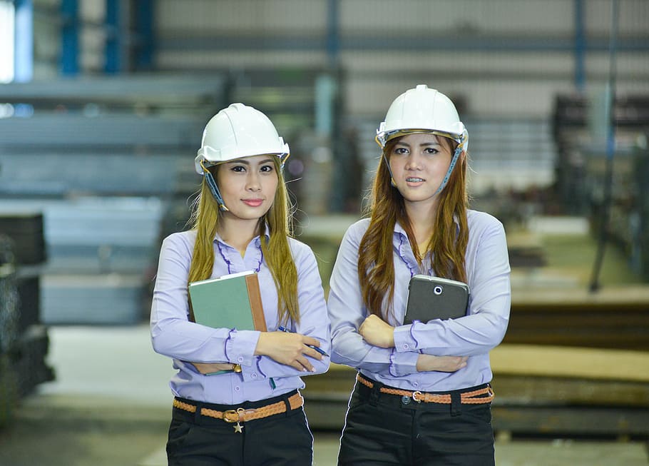 two, women, standing, inside, building, people, staff, construction, labor, woman