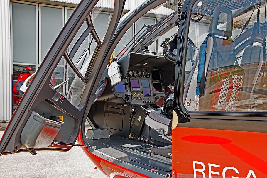 Eurocopter, Ec145, Helicóptero, 145, vermelho, fechar, helicóptero de resgate, pás do rotor, voar, serviço de ambulância