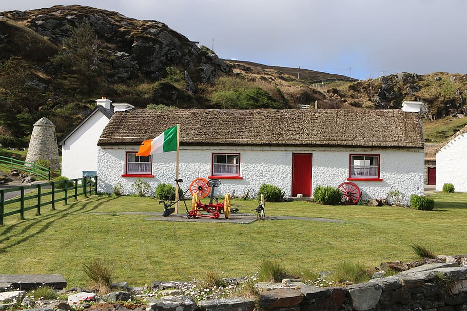bendera, india, tiang, Irlandia, Cottage, Arsitektur, Pedesaan, rumah batu, rumah desa, hidup