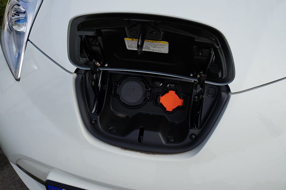 nissan leaf, charging socket, recharging, electric car, modern, technology, sustainable, eco, close-up, black color
