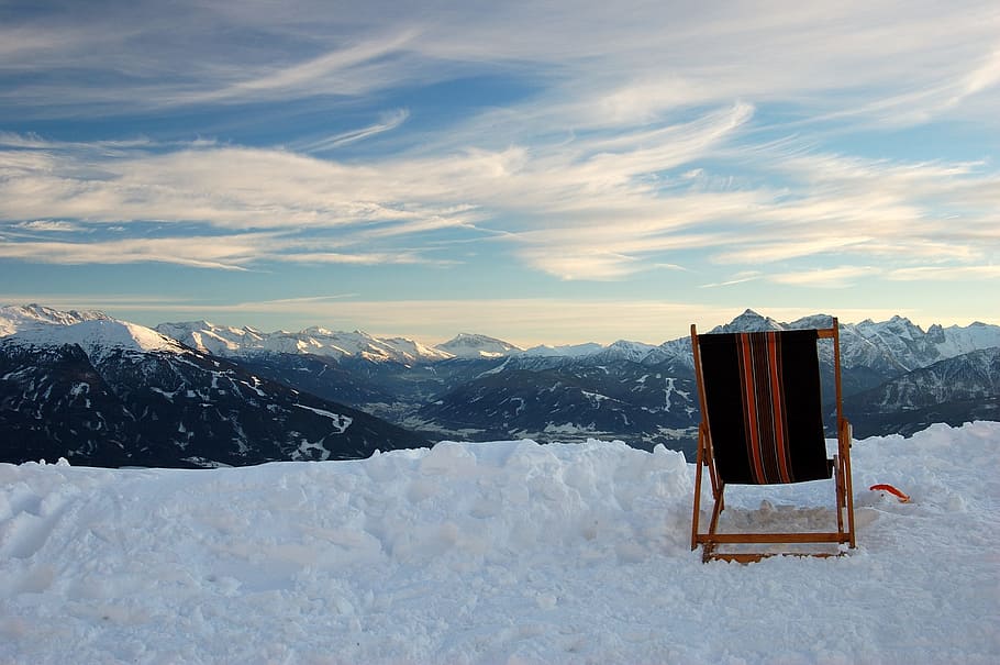 black, brown, folding, chair, covered, snow mountain, innsbruck, mountains, snow, sunset