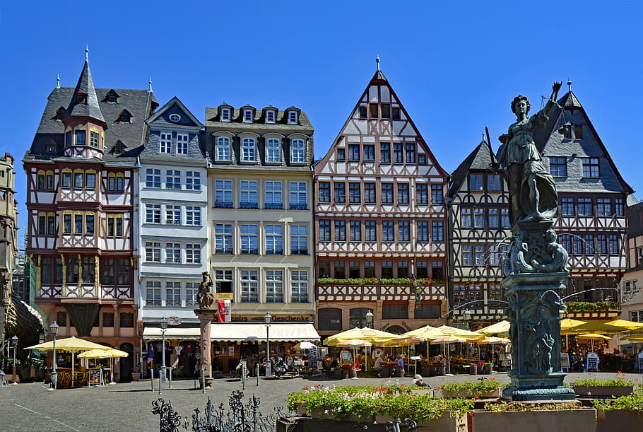 frankfurt, hesse, alemanha, montanha sábado, römerberg, romanos, cidade velha, treliça, fachwerkhaus, arquitetura