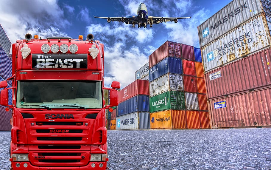 logística, camión, contenedor, avión, envío, suministro, cadena, distribución, bienes, transporte