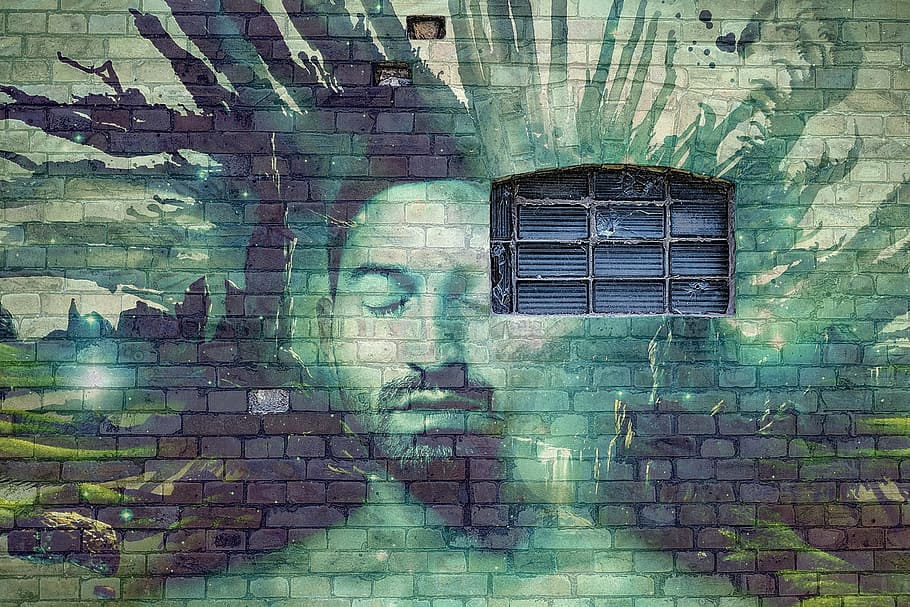 Hombre retrato mural, pared, ladrillo, grafitti, ventana, imaginación, étnico, confianza, imitación de adultos, niño