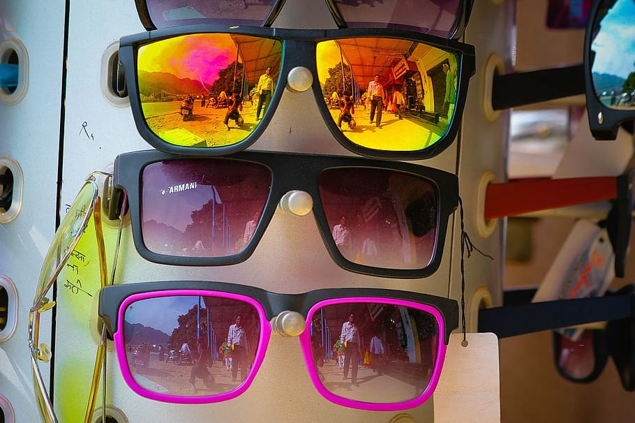 gafas de sol, gafas, colorido, moda, reflexión, tienda, verano, primer plano, transporte, personas