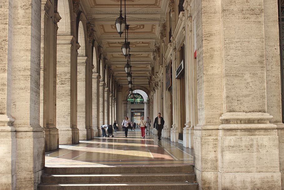 people, walking, corridor, genoa, arcade, italy, city, portici, columns, liguria