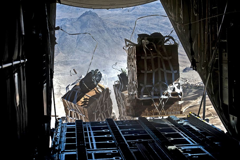 us air force, pallet drops, food, afghanistan, kandahar, support, aircraft, military, cargo, built structure