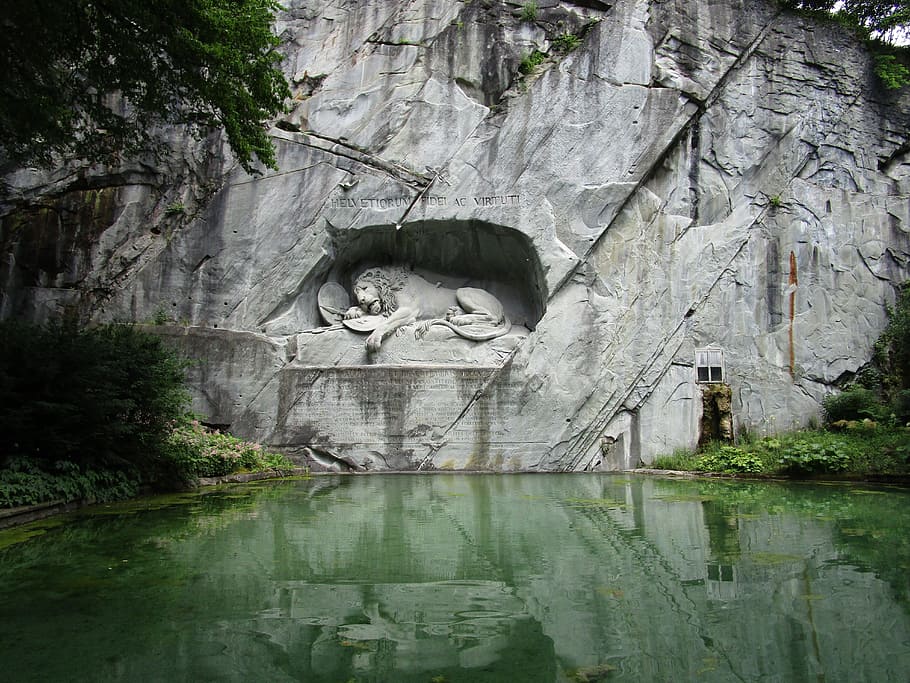 lion statue, body, water, Switzerland, Lion, Swiss, Monument, sculpture, europe, luzern