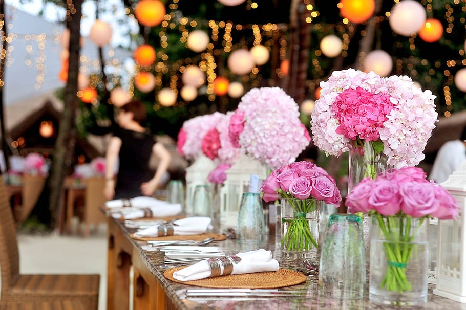 clear glass vases, bouquet, celebration, color, colorful, colourful, decorations, elegant, flower arrangement, flowers