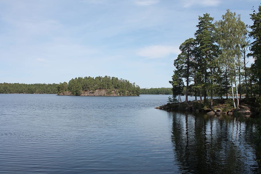 lake, island, view, water, idyllic, tree, nature, summer, panorama, mirror image