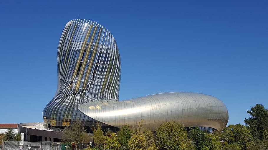 bordeaux, museum of the wine, contemporary architecture, building exterior, sky, architecture, built structure, blue, modern, nature
