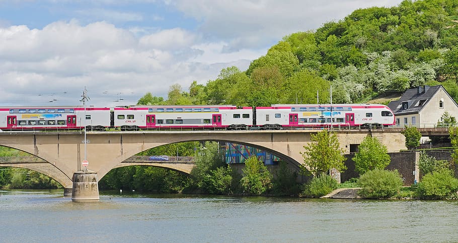 sour, cross flow, luxembourg - germany, mouth in moselle, sour bridges, water cheap, railway bridge, electrical multiple unit, luxembourg state railways, double decker