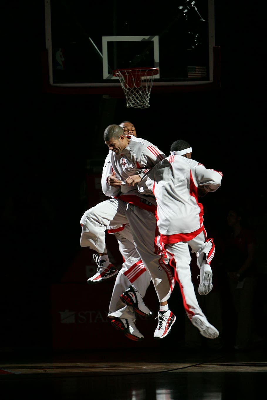 professional basketball, players, pre-game, jumping, team, sport, athlete, game, play, action