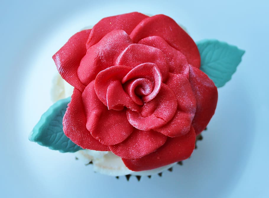 merah, mawar, cupcake bunga, atas, pencuci mulut, kue tar, kue pengantin, cupcake, manis, lezat