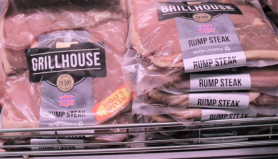 beef, refrigerator, meat, rump, grill, protein, package, cooler, supermarket, grocery store