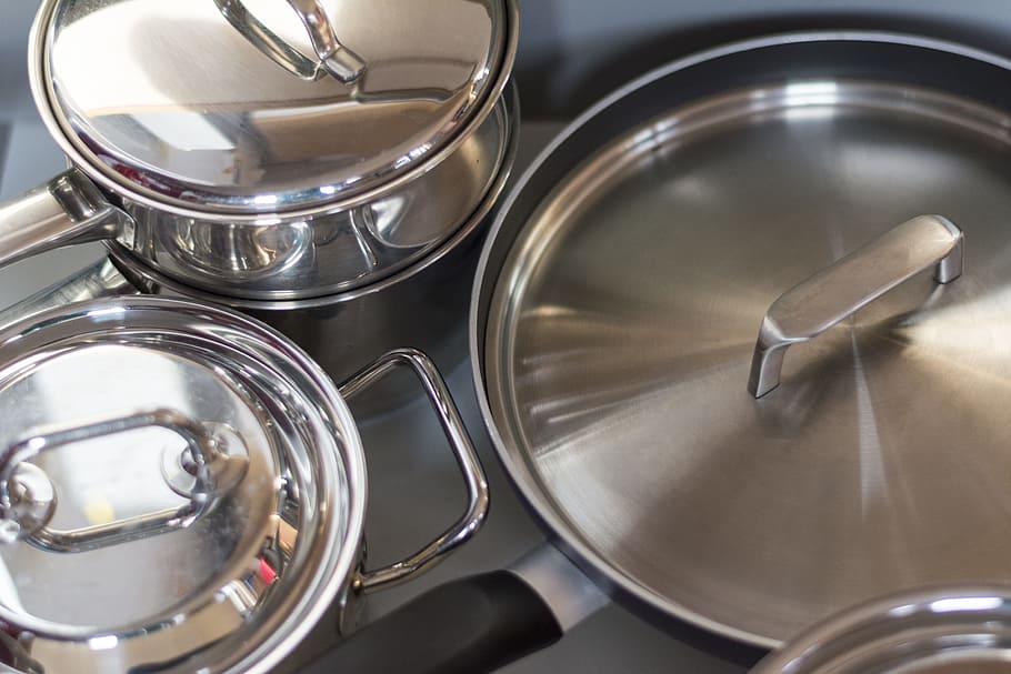 Pans, Lids, Cooking, Kitchen, Drawer, kitchen drawer, metal, high angle view, indoors, close-up