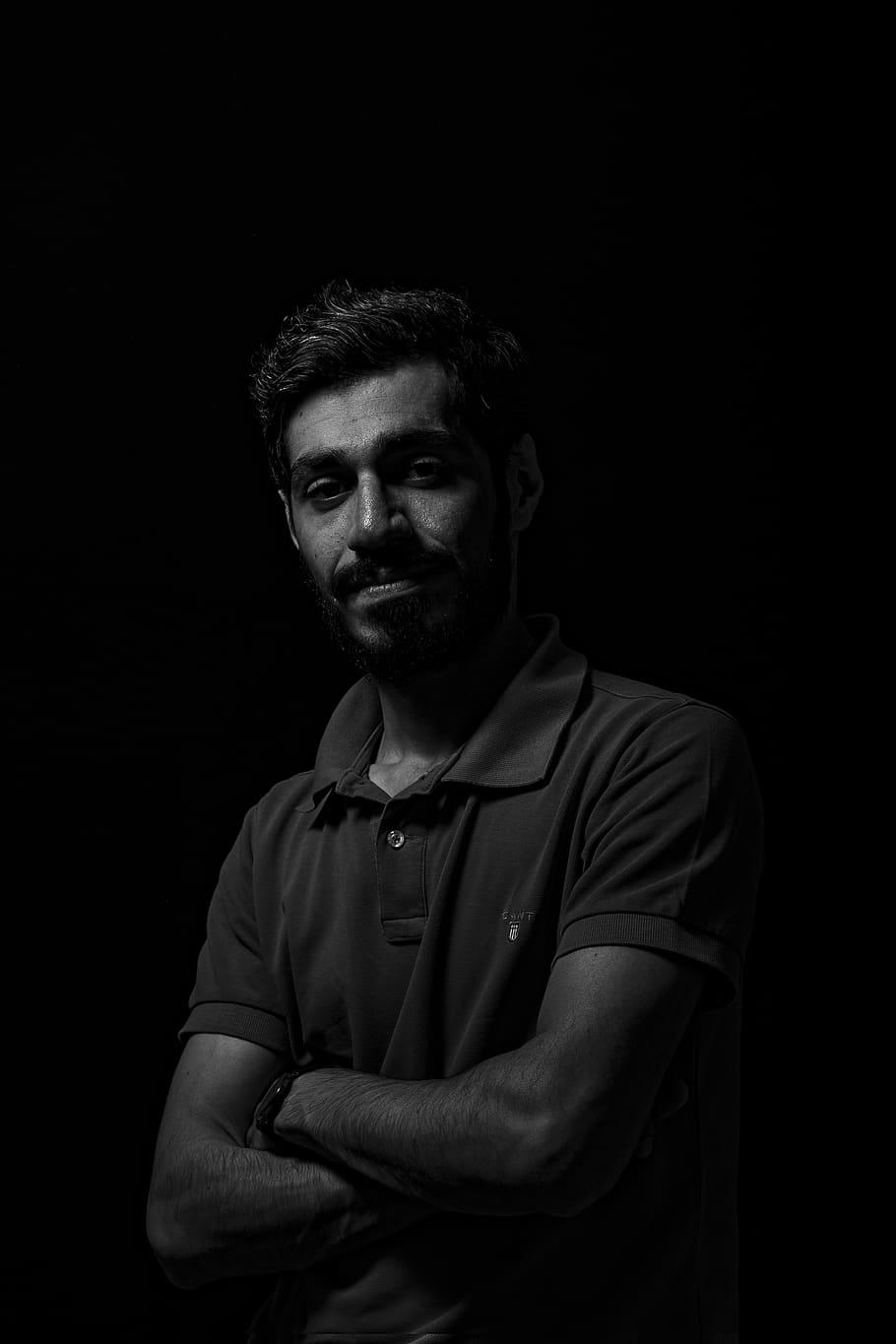 portrait, man, black and white, adult, person, beard, guy, one person, studio shot, black background