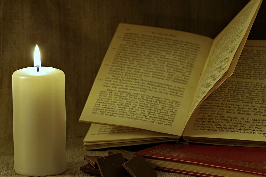 book, candle, table, read, old, blackletter, evening, starodruk, paper, writing