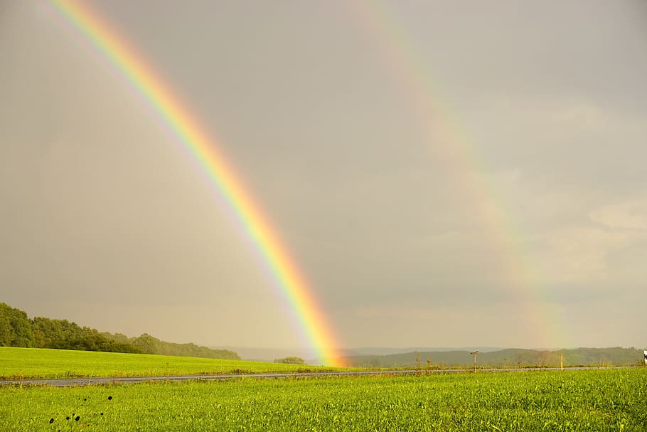 rainbow, double rainbow, natural spectacle, weather, nature, beauty in nature, scenics - nature, field, tranquility, tranquil scene