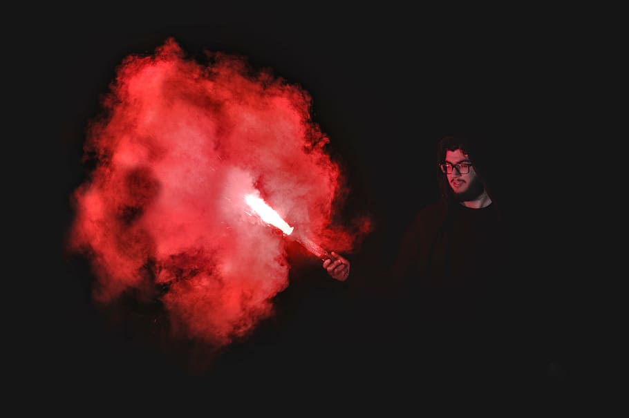person, holding, red, flare, people, man, guy, dark, night, torch