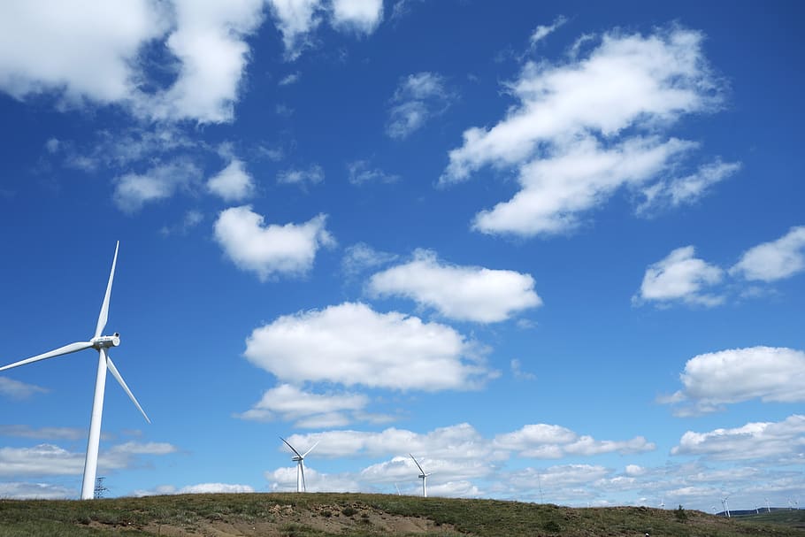 white cloud, windmill, blue sky, sky, fuel and power generation, environmental conservation, alternative energy, renewable energy, environment, wind power