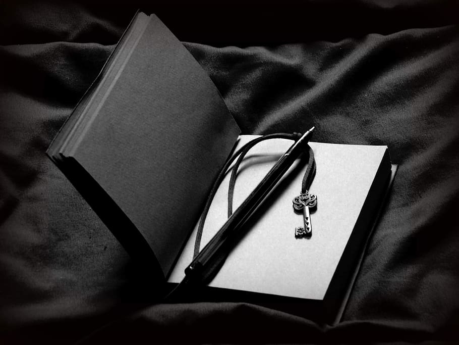 pen, to write, writing, book, journal, poetry, black, key, pages, indoors