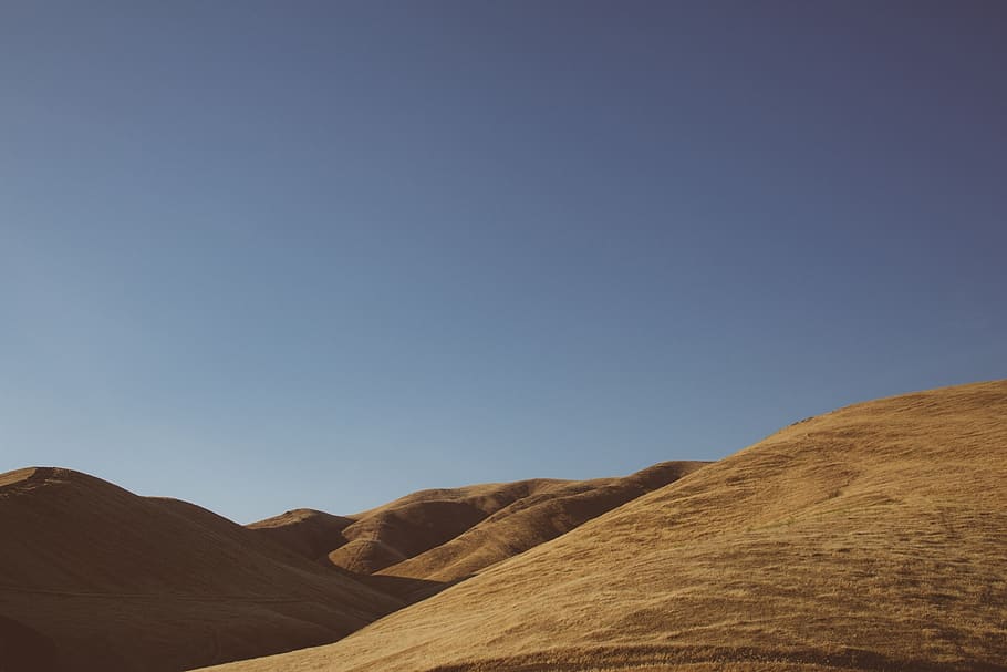 blue, sky, hills, fields, scenics - nature, clear sky, copy space, desert, tranquility, beauty in nature