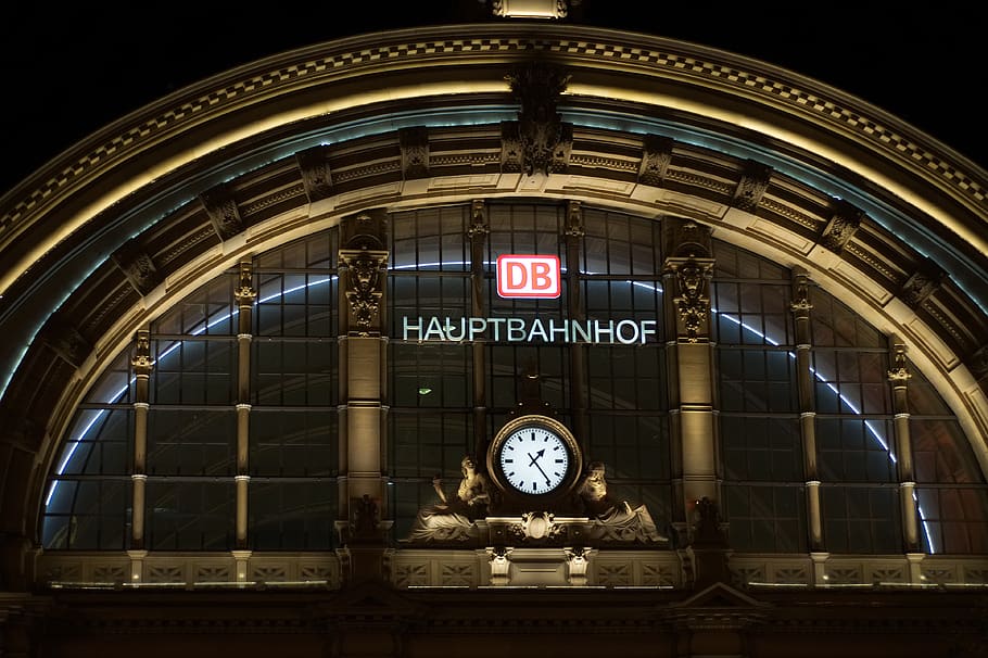frankfurt, railway station, central station, architecture, deutsche bahn, illuminated, built structure, clock, time, low angle view