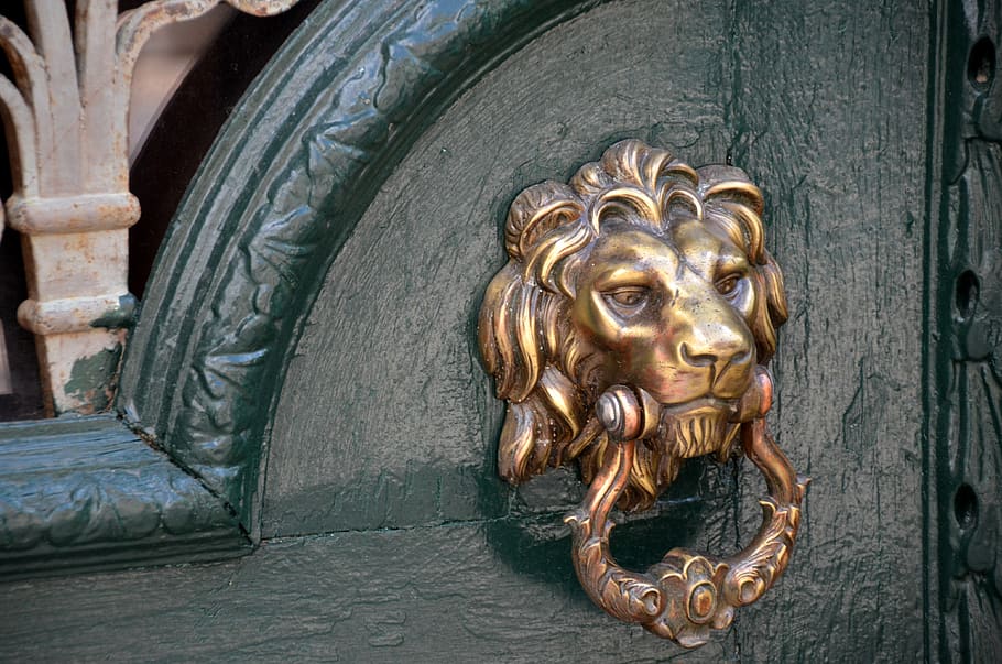 pencopet pintu, singa, memasukkan, pintu, tua, logam, cincin, tepat, antik, pintu depan