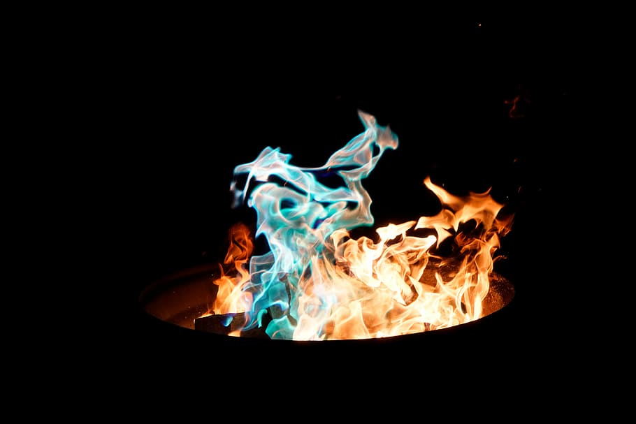 teal, yellow, fire, flame, charcoal, ash, smoke, heat, bonfire, campfire