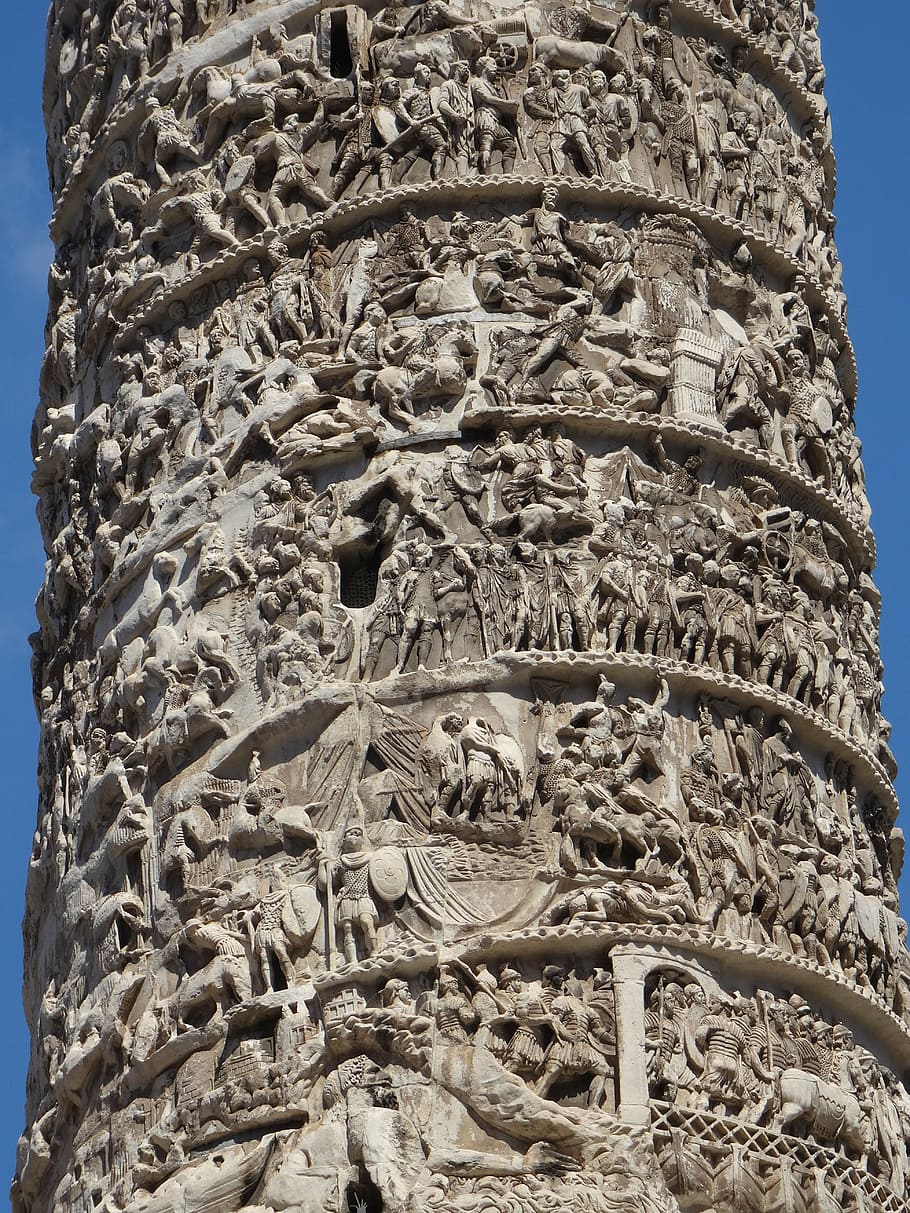 rome, italy, column, sculpture, antique, trajan's column, tree, human representation, art and craft, low angle view