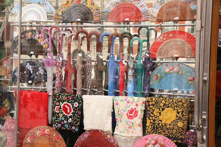 umbrella, handkerchiefs, madrid, spain, retail, choice, variation, for sale, large group of objects, market