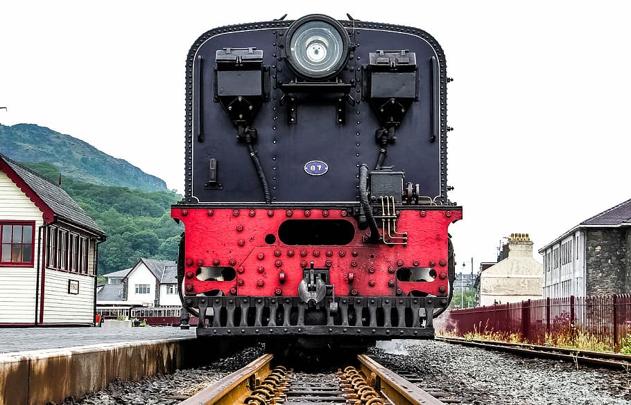 red, black, train, tracks, daytime, track, railway, steel, houses, platform