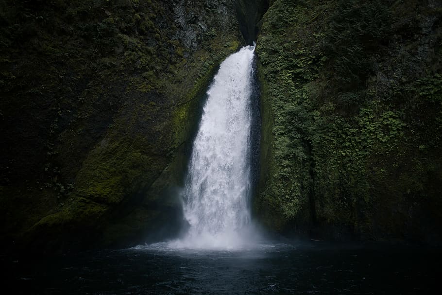 cachoeiras, musgoso, rocha, formação, tempo, lapso, foto, branco, cachoeira, verde