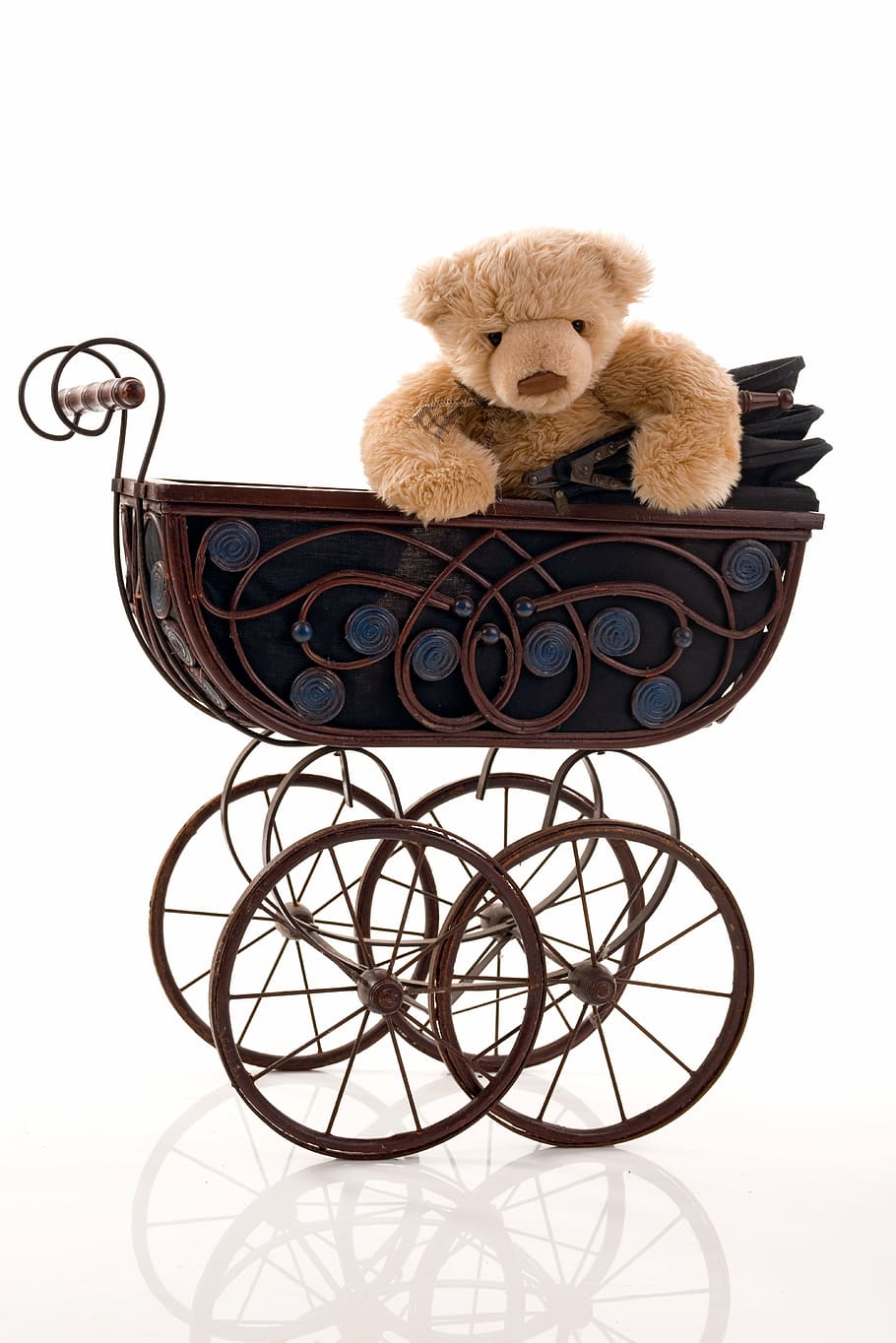 brown, bear, plush, toy, stroller, old, beige, children, studio, sitting