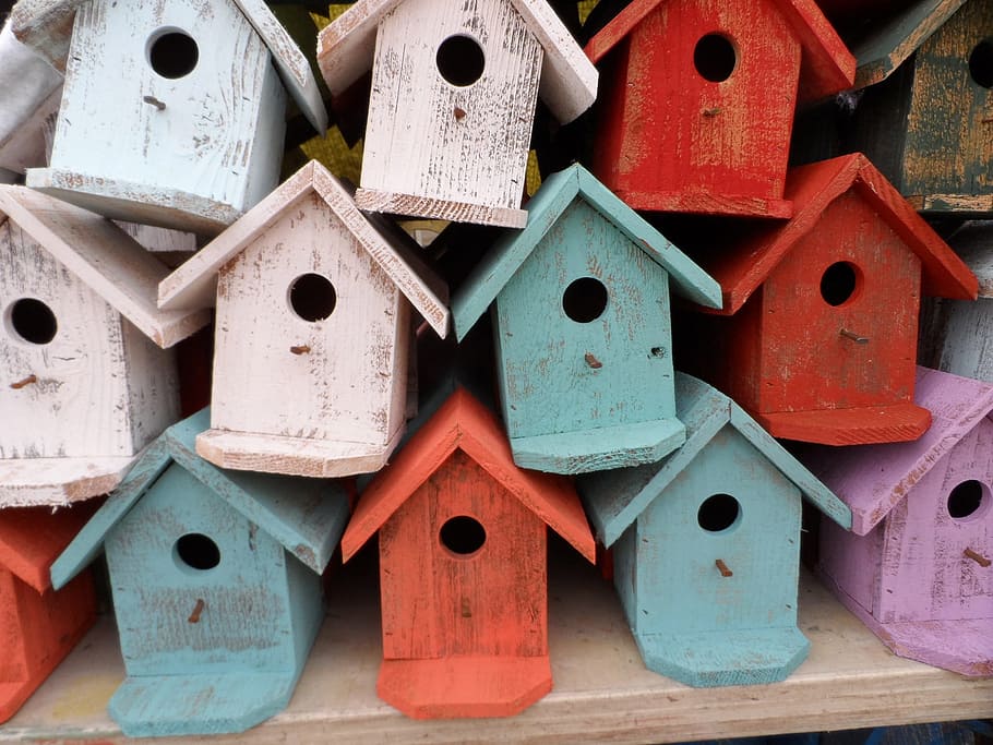 pile, bird house, top, beige, table, on top, vintage, decoration, cute, home