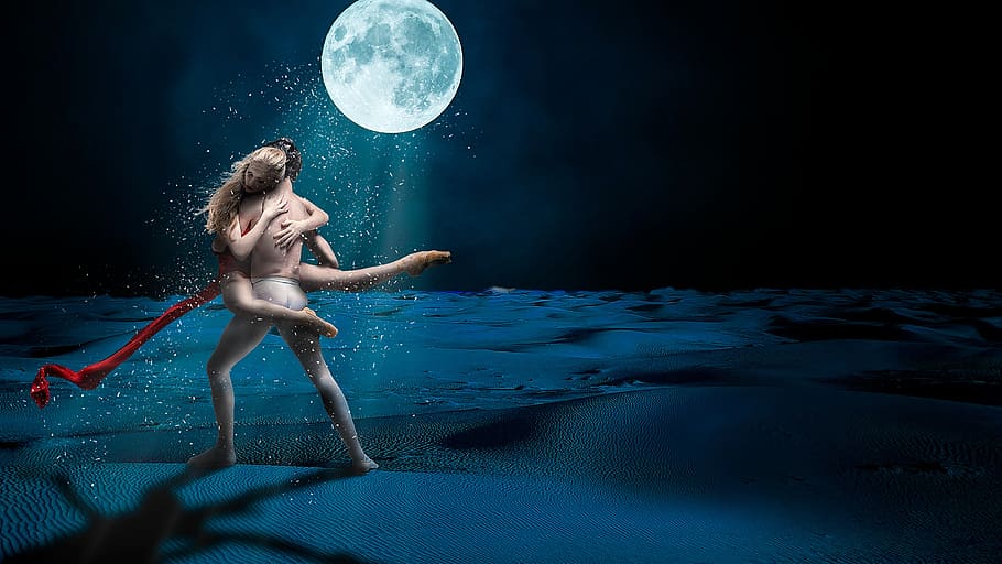 ballet, dancers, under the moon, moon, flashes of moon, couple dancing, moonlight, dancers under the moon, fantasy, one person